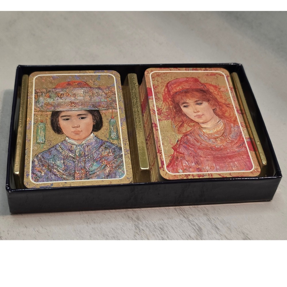 Vintage Edna Hibel Double Deck Playing Cards in Original Navy Blue Box Set